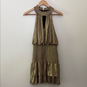 AQUA Metallic Lamé Mini Dress Sleeveless Smocked Ruffle Size Small